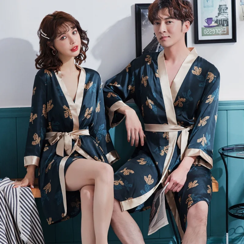 Luxury Print Men's Silk Kimono Robe Hotel Spa Shower Vacation Long Sleeve Sleepwear Bathrobe Wedding Satin Nightgown Summer