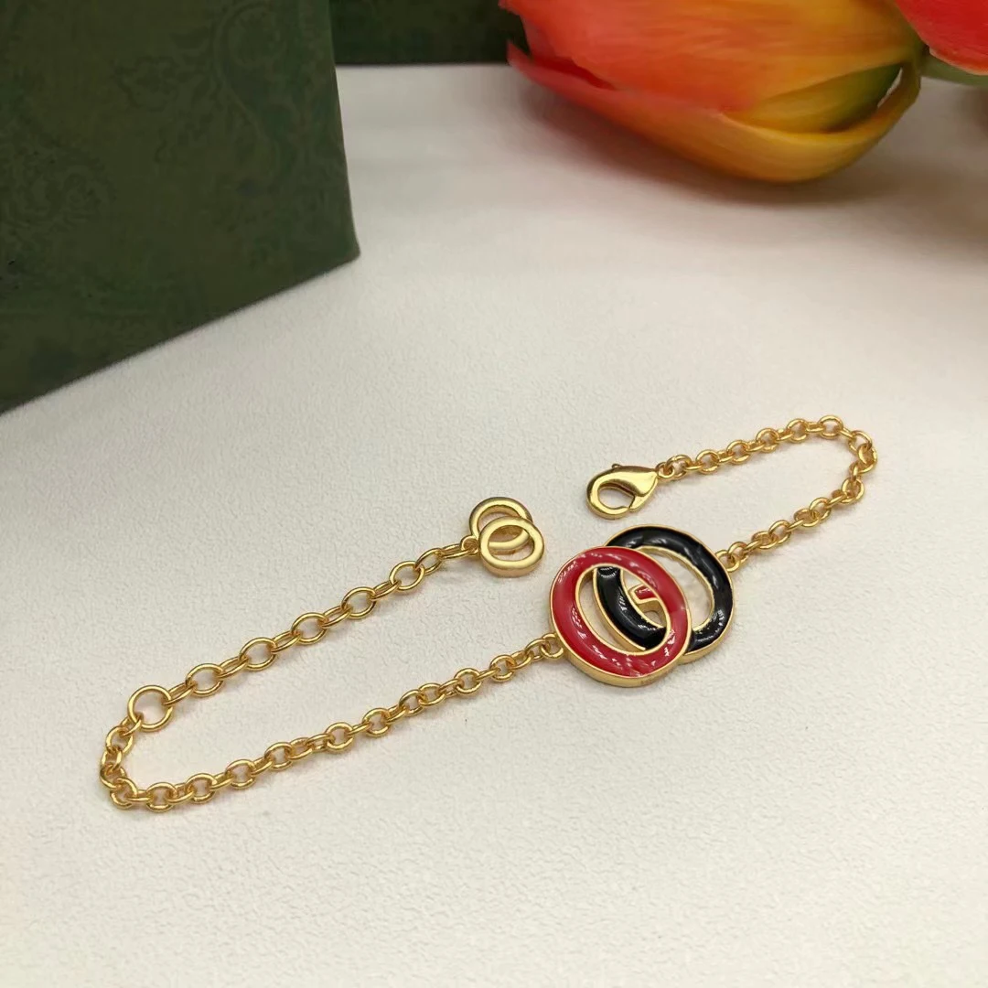 

Exquisite Women 925 Silver Red Black Double Round Bracelet Original Letter G Brand Jewelry Logo Christmas Holiday Couple Gift
