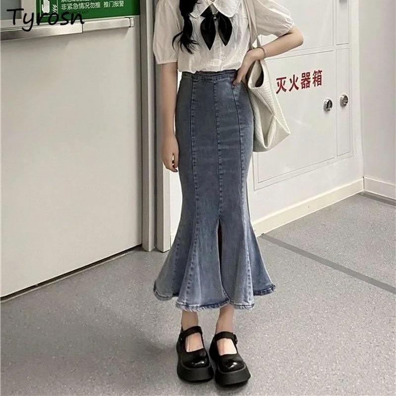 

Long Mermaid Skirts Women Denim Front-slit High Waist Slimming Sexy All-match Hipster Teenager Streetwear Faldas Largas Mujer