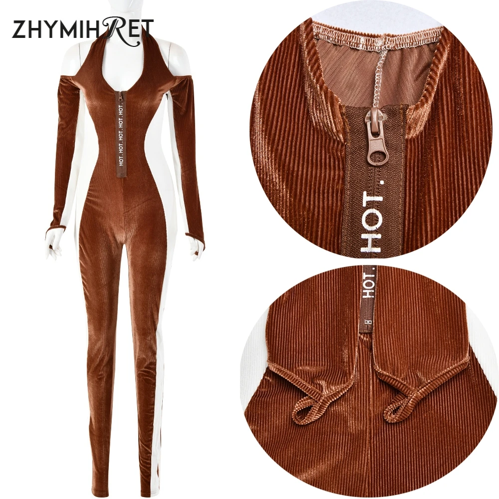 

ZHYMIHRET Velvet Cold Shoulder Halter Jumpsuit Women Long Sleeve Letter Print Zipper Rompers Sexy Backless Patchwork Combinaison