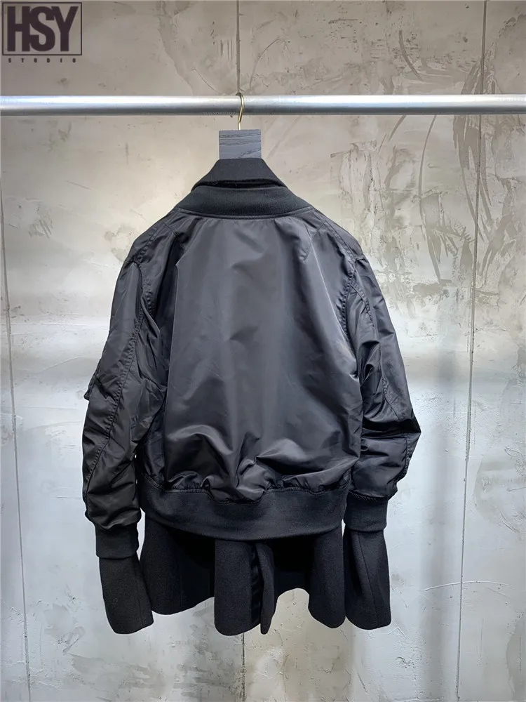 【HSY】 осень зима новые женские поддельные двухсекционные пальто короткая куртка на молнии Лоскутная куртка с длинными рукавами и отворотом 2 цвета