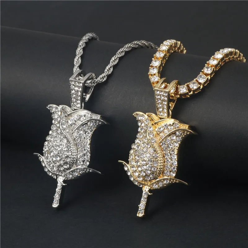 Сверкающие Стразы подвеска с лепестками розы ожерелье золотистого/серебристого