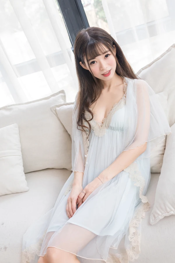 

Mesh Fairy V-neck Sling Nightdress with Chest Pad Lace Sexy Long Sleeve Pajamas 2021 Summer Court Style Robes 2-piece Set
