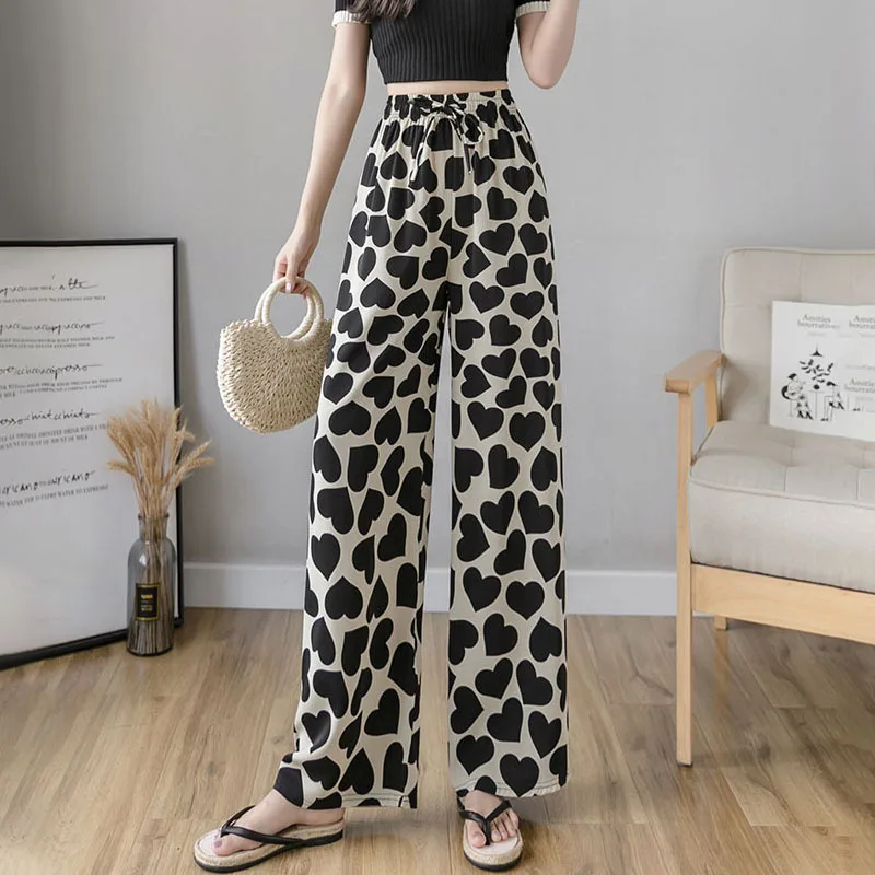 Summer Soft Thin Printed Ice Silk Long Wide Leg Trousers Pants Women's Casual Loose Large Size High Waist Female Slacks