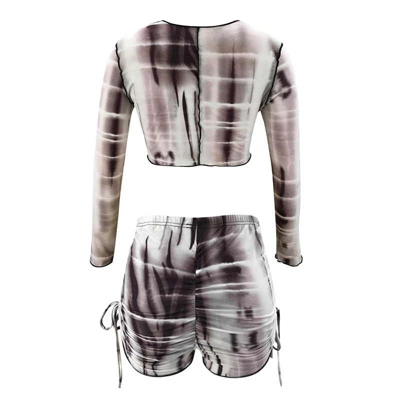 

Casual Snake Printed Women Two Piece Sets Outfits O Neck Long Sleeves Short Tops Bandage Elastic Waist Shorts Ladies Clothes