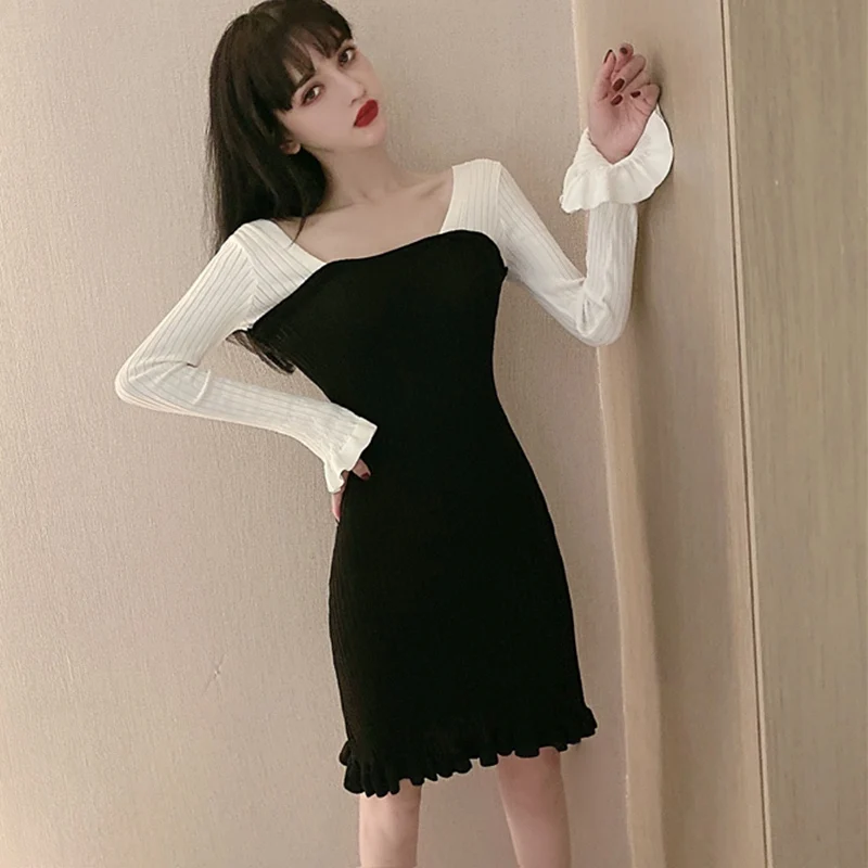 

Spring Autumn Tight-fitting Knitted Dress Women Slim Square Collar Ruffled Long Sleeve Dress Vestidos