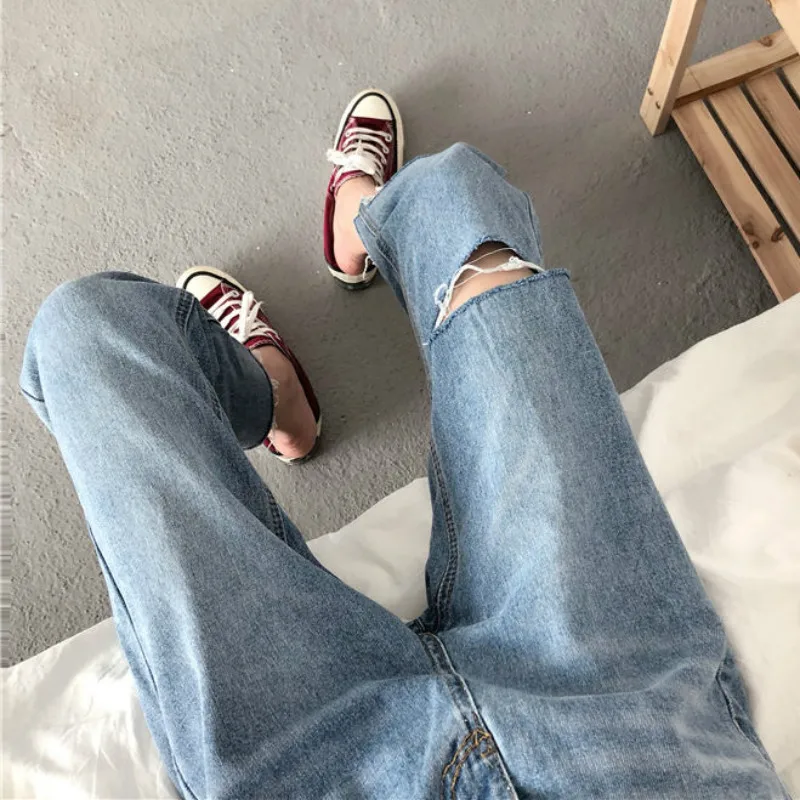 

Jeans Women Solid Ripped Hole Harajuku Loose Denim Side Split Leisure Female Trousers Summer BF Ulzzang Fashion High Waist Chic