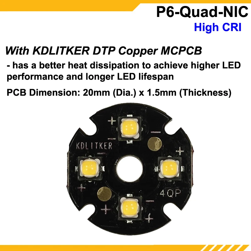 KDLITKER P6-Quad 4 x Nichia 219C нейтральный белый 4000K High CRI92 1600 люменов 3 V-9 V P60 Drop-in модуль(Dia. 26,5 мм