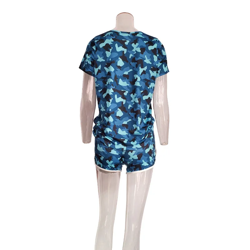 

WEPBEL Women's Casual Slim Fit Camouflage Printing Suit Summer Short Sleeve O-Neck T-shirt + Lace Up Straight Shorts Suit