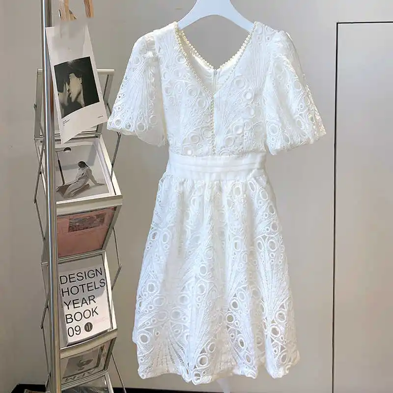 

Summer Hollow-out Women's Lace white dress France Style elegant V-neck pearls beading dress C316