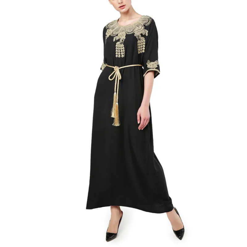 

Dubai Turkey Arabe Muslim Dress 2021 Lace O-neck Moroccan Kaftan Abaya Moroccan Kaftan Dresses Casual Women's Loose Long Dresses