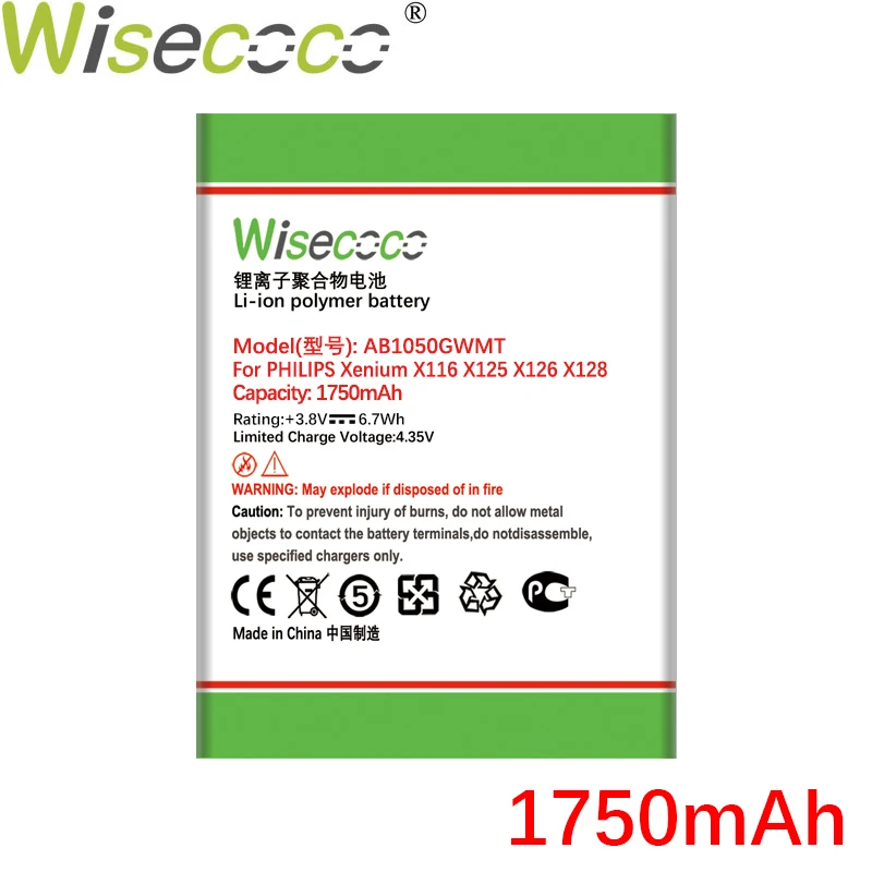 Аккумулятор WISECOCO 1750 мАч AB1050GWMT для телефона PHILIPS Xenium X116 X125 X126 X128 Pro + номер