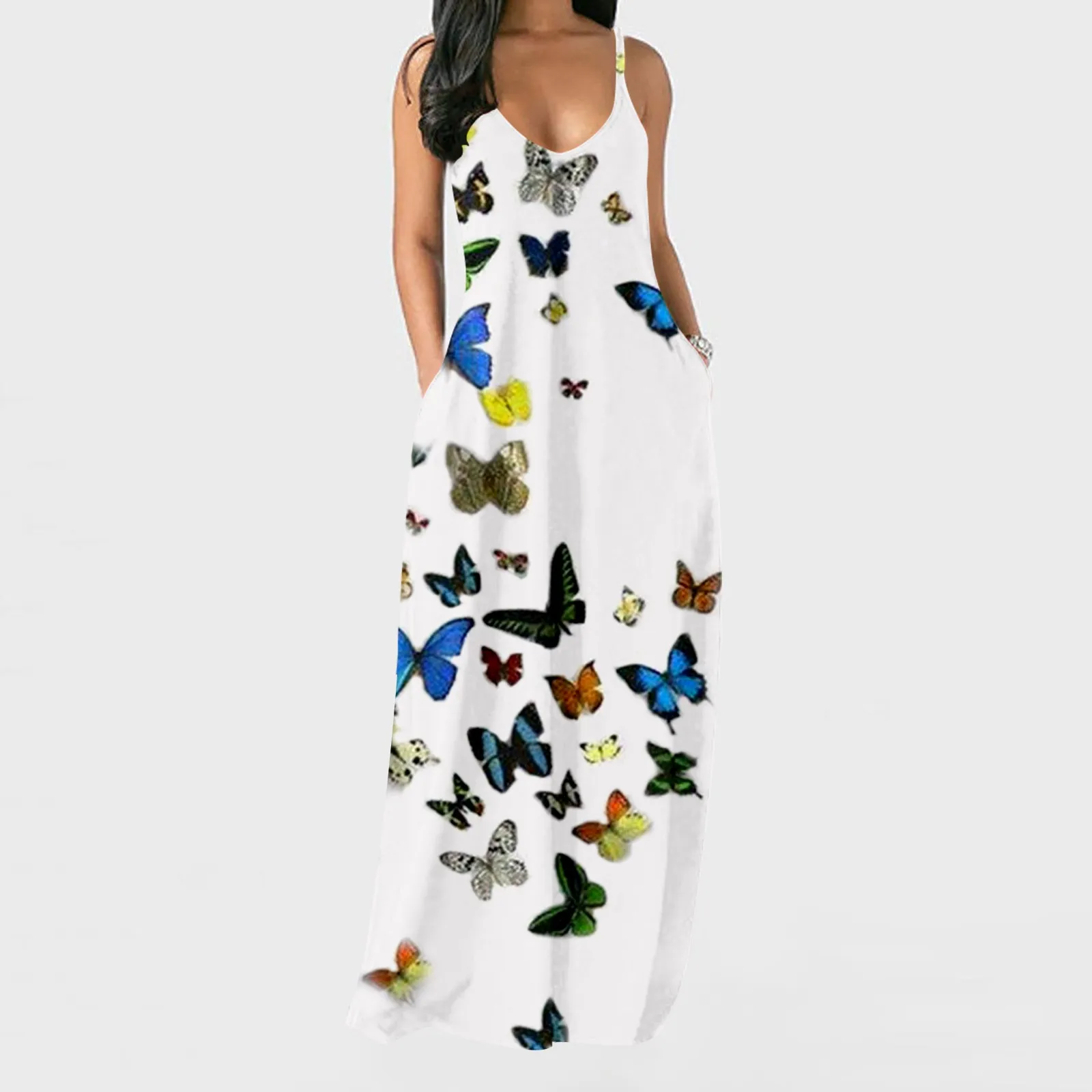 

Women's Fashion Summer Casual Print V-neck Sexy Sleeveless Dresses Long
