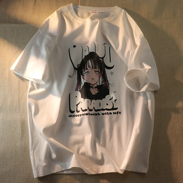 

Cartoon Tops Kawaii Women Summer Cotton T-shirt Short Sleeve Loose Harajuku Anime Gothic Girl Printed T-shirt Fashion Oversized