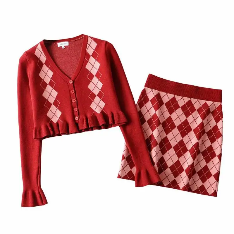 

Осенний женский костюм с юбкой, однобортный Топ с V-образным вырезом и длинными рукавами и оборками на подоле, костюм с юбкой на бедрах в клет...