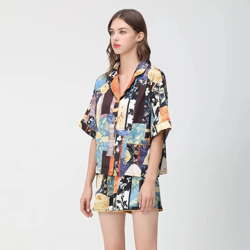 Silk Pajamas Women's Summer Thin Fashion Printed Silk Ladies Casual Home Wear Short-sleeved Shorts Loose Two-piece Suit Pajamas