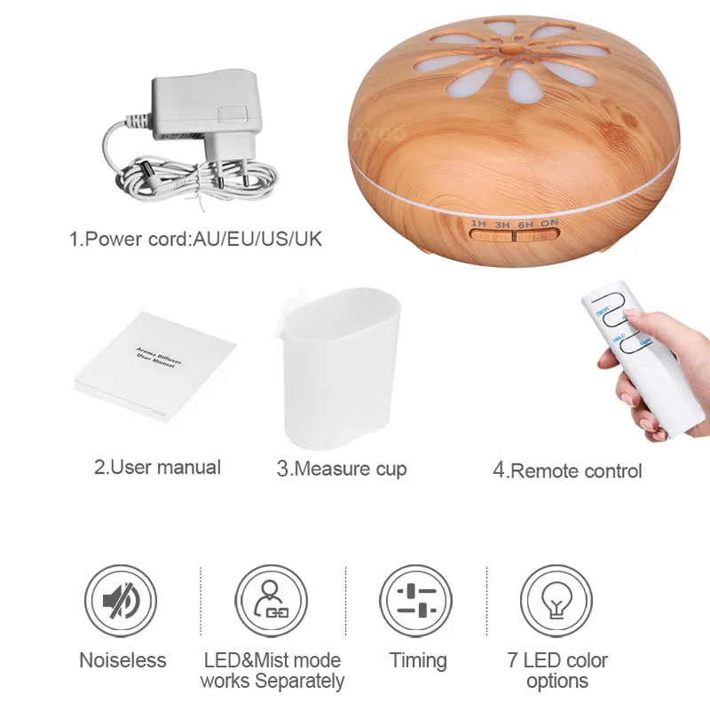 

550ml Remote Control Air Humidifier Aroma Essential Oil Diffuser Wood Grain Ultrasonic Cool Mist Humidifier for Office Home