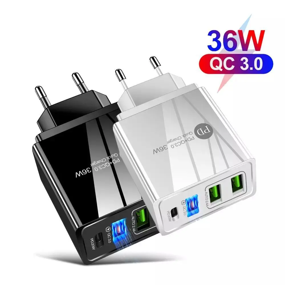 

Pd36w + qc3.0 2.4a dual USB fast charging mobile phone charger multi port USB travel charger with PD charging head