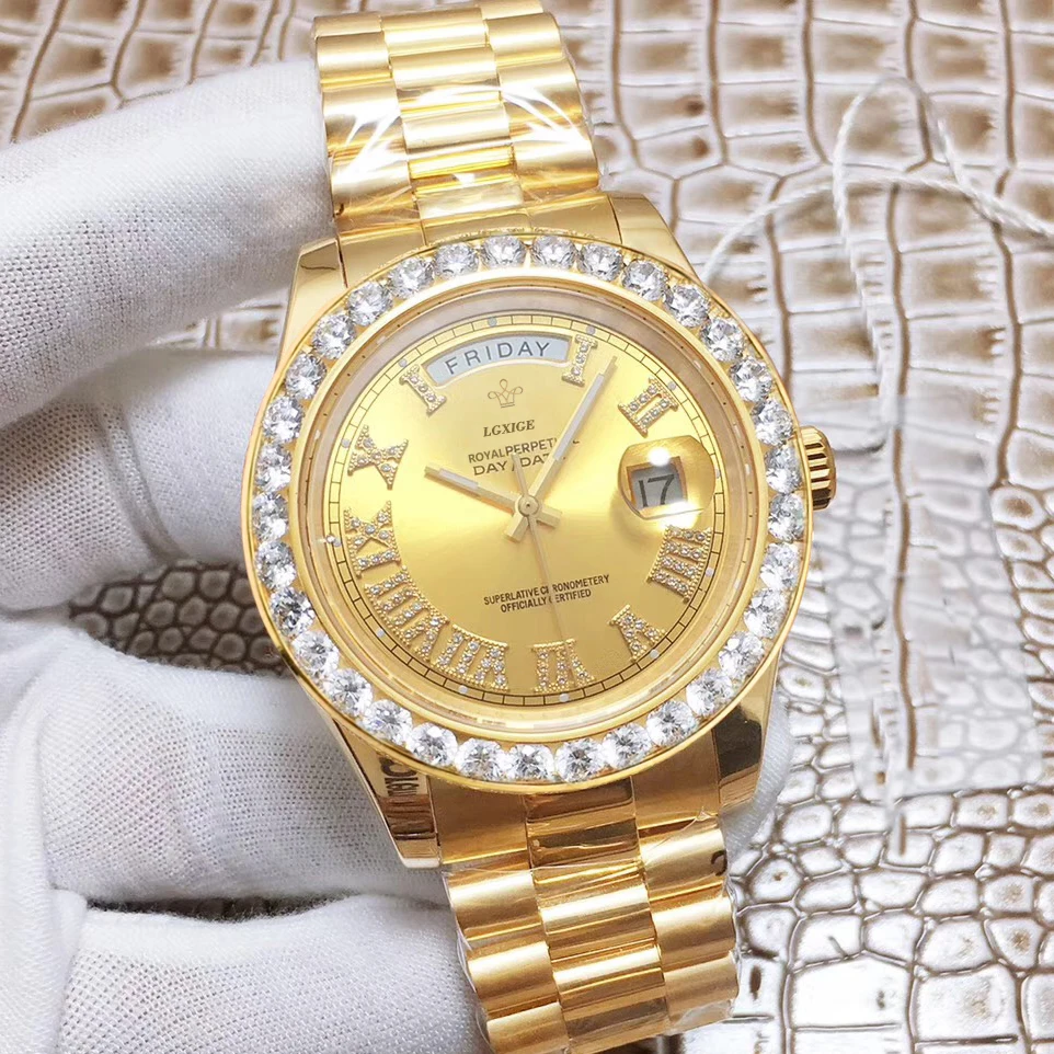 

Big Diamond Luxury Brand Gold Watch Men Stainless Steel day-date Men's WristWatch President Top Male Clock For relogio masculino