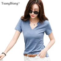 short sleeve bamboo cotton women v neck t shirts 2021 loose casual solid color brand t shirt ladies summer spring all match tops