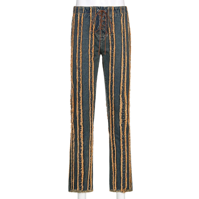 

Vintage Brown Tie Up Y2K Jeans For Girls Female Vintage Women's Tassel Denim Pants 2021New High Waisted Straight Trouser Capris