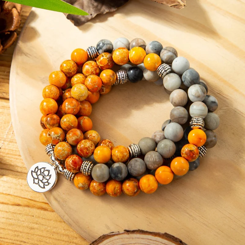 

108 Mala Bead Necklace Orange Sea Sediment Prayer Bracelet Natural Stone Meditation Spiritual Yoga Bracelet Womens