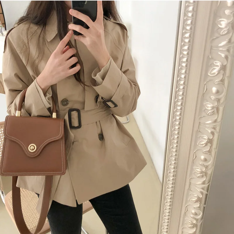 Женский двубортный Тренч Mozuleva свободная короткая верхняя одежда с поясом зимняя