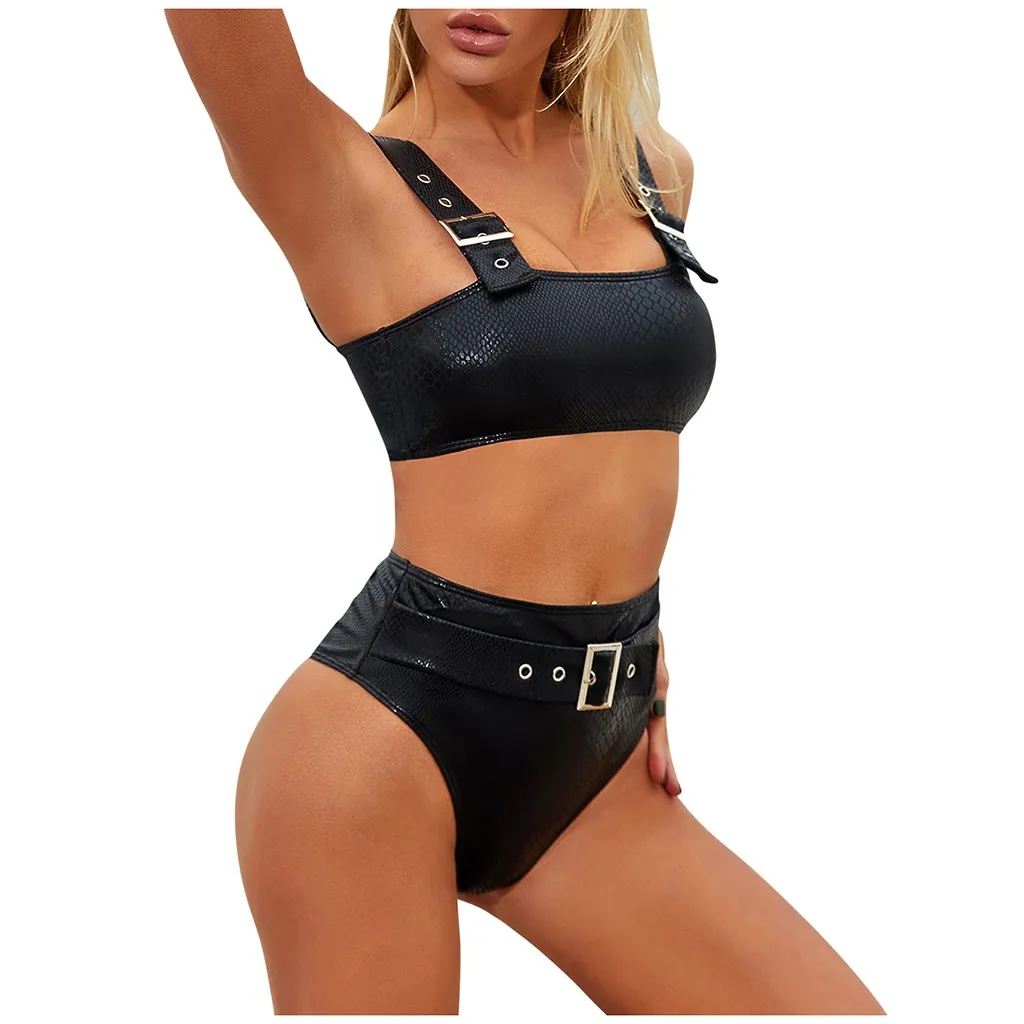 Swimwear Women Sexy Bikini Set Pure Color Leather Strap Trikini High Waist 2022 Bathing Suit Swimsuit Monokini |