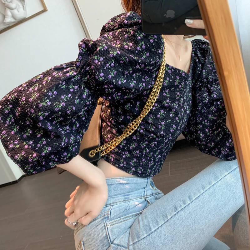 Women Tops Autumn New 2020 Retro Puff Sleeve Floral Printed Chiffon Shirt Cropped Top Shirts Square Collar Short Women Blouses