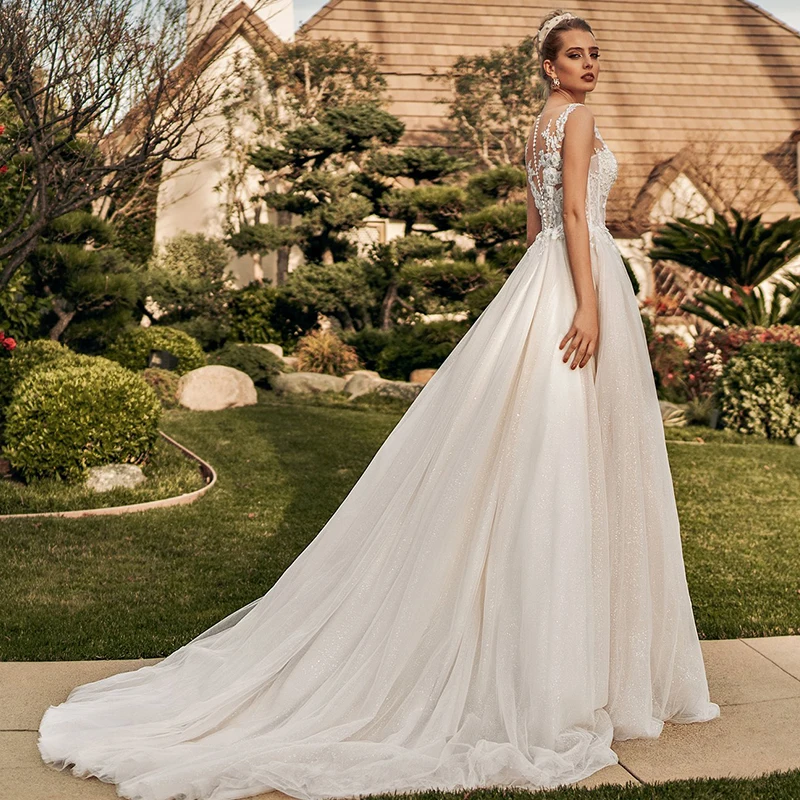 

Новинка 2022 блестящие трапециевидные Свадебные платья прозрачное иллюзионное Кружевное облегающее свадебное платье с 3D цветами индивидуальный пошив пляжное платье для невесты