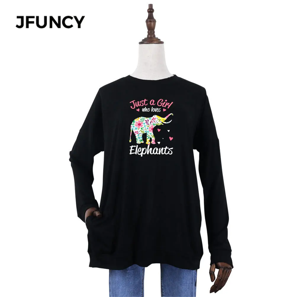 

JFUNCY Oversize Spring Autumn Women Long Sleeve T-Shirt Casual Woman Loose Pullover Tops New Elephant Print Female T Shirt