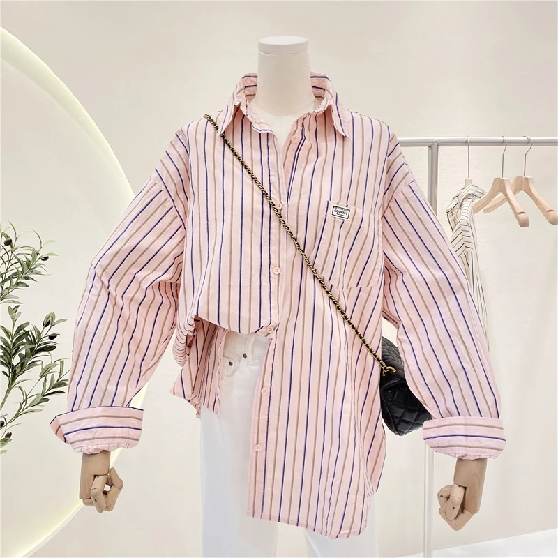

Korean Style Versatile Artistic Style Loose Large Size Striped Shirt Women's Shirt Trendy Top Shirts Women 2021