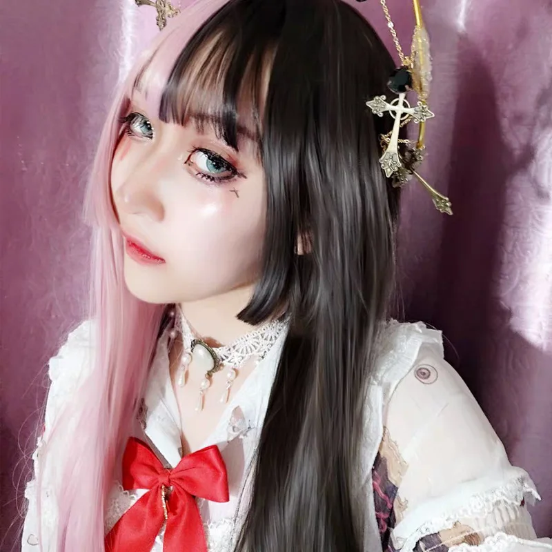 

Two-color wig female powder black double fight princess long straight hair personality handsome anime cosplay wig