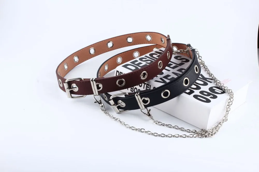 PKWYKLRE shipping женский панк цепь модный пояс регулируемый черный двойной/одинарный люверс втулка кожаный ремень пряжка