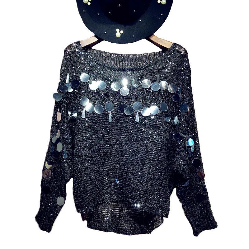 Женский крючок свитер с вырезами и блестками тонкий свободный пуловер дырками