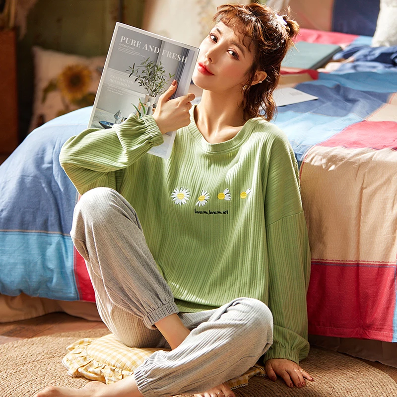 

Новый женский пижамный комплект, хлопковая одежда для сна, повседневные пижамы с круглым вырезом, милая Пижама Mujer, одежда для дома, для отды...