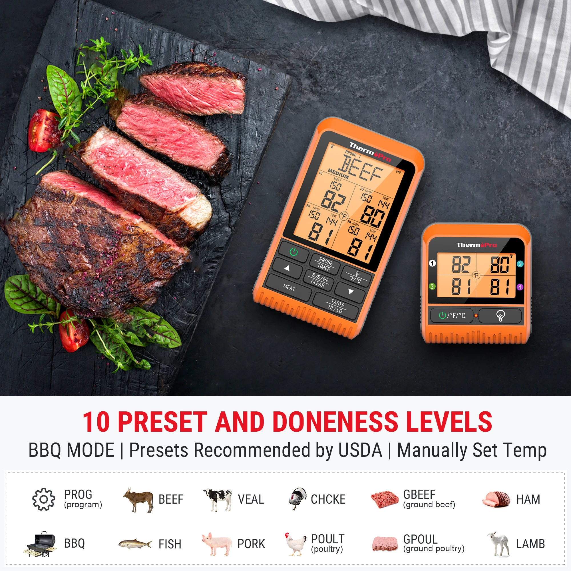 Термометр ThermoPro TP829 беспроводной с подсветкой 4 щупа для мяса 300 м | Дом и сад