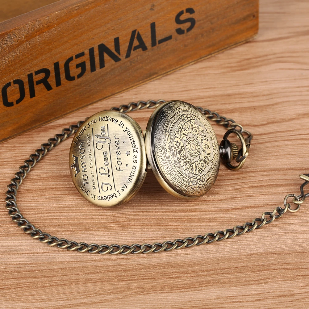 

Hot Steampunk Pocket Watch Retro Vintage Personalized Pattern Quartz Pendant Watches TO MY SON Boys Clock Xmax Birthday Gift Box