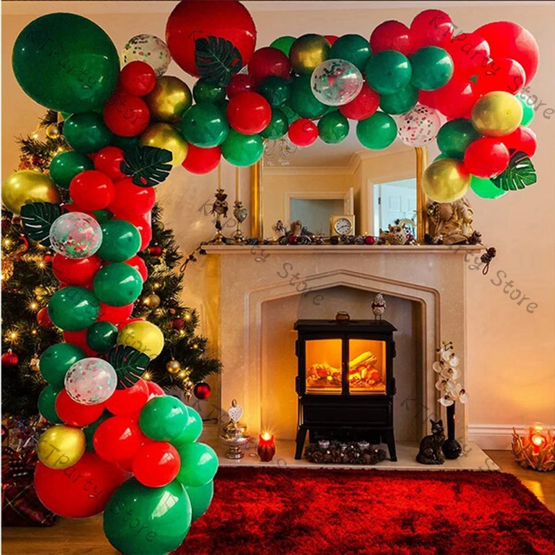 

122pcs Christmas Balloon Matte Red Green Chrome Gold Balloon Garland Arch New Year Dectoration Confetti Green Leaves Xmas Dector