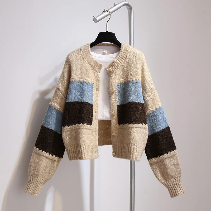

Short Empired Patchwork Knitted Women Sweater Cardigan Winter New 2021 V-Neck Long-Sleeved Loose Thicken Warm Female Outwears