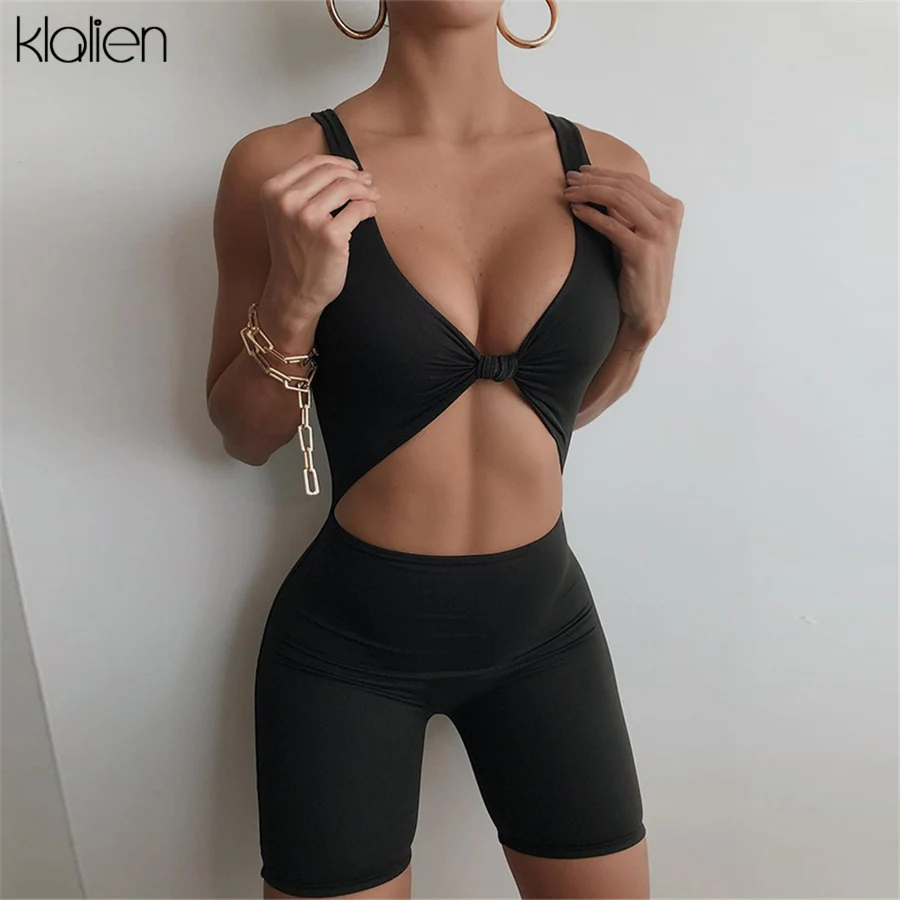 

KLALIEN Sexy Casual Hollow Out V Neck Slim Solid Women Playsuit Summer New 2021 Club Streetwear Sportswear Female Playsuit