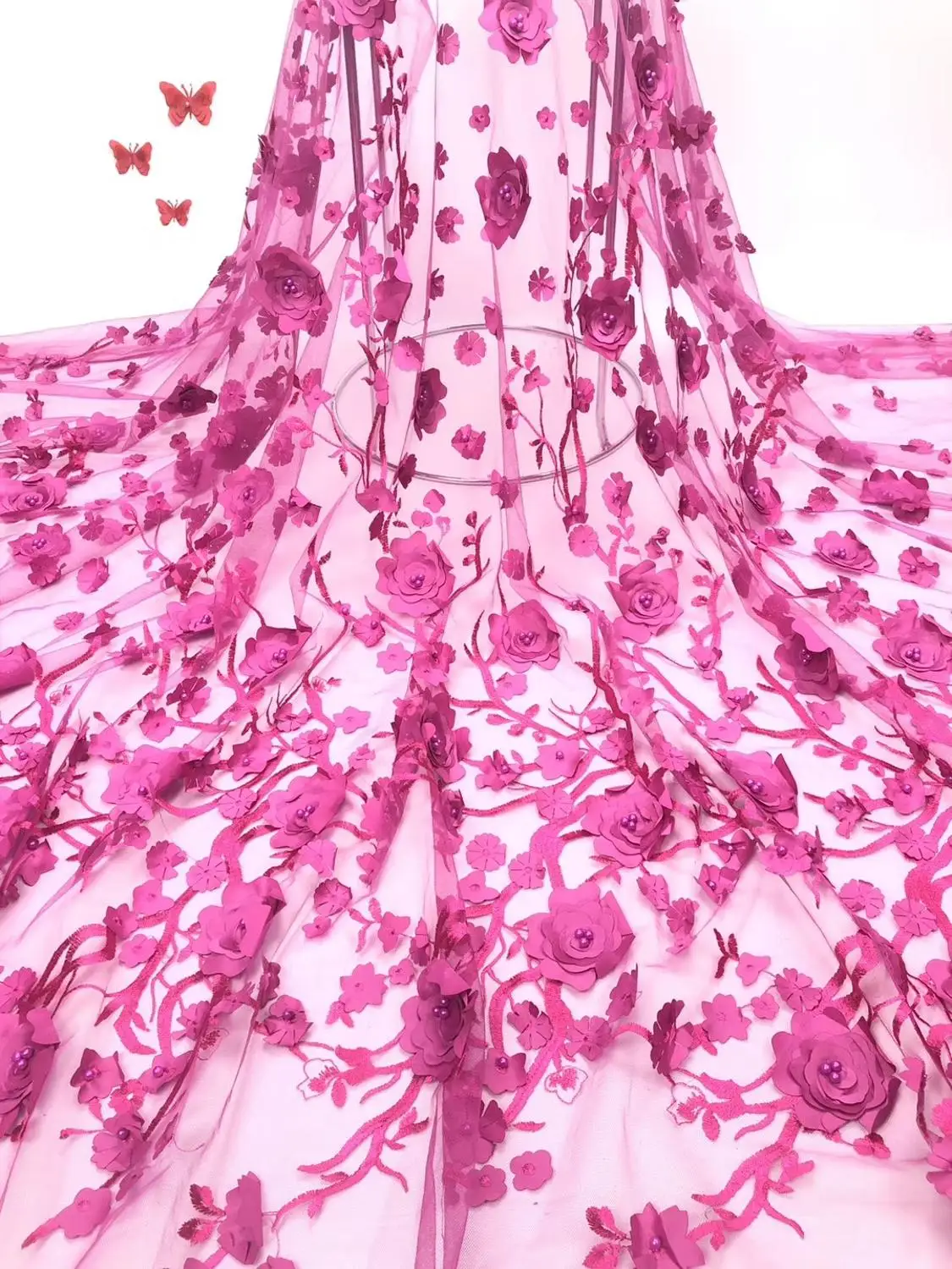 

Classic 3D flowers design 5yards good quality net tulle lace fabric with beads for women party dress beautiful JIAJIASE224