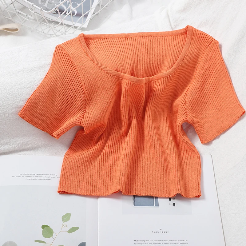 Топ вязаный OUMEA летний с коротким рукавом квадратным вырезом однотонный в