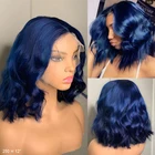 Темно-синие цветные человеческие волосы T часть, парики на сетке, глубокие, средняя часть, предварительно выщипанные короткие, фронтальные парики на сетке, волнистые, бразильские, Remy 180%