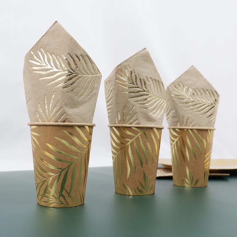 Бумажная посуда одноразовый крафт-набор золотистого цвета узор в виде листьев
