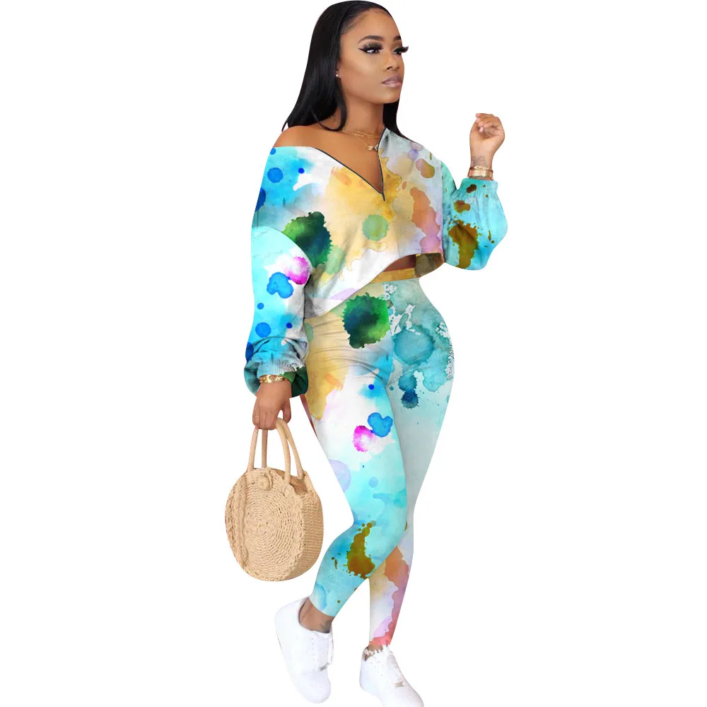 

Cutubly Long Sleeve Women Set Tracksuit Tie Dye Print Two Piece Set Tops Jogger Pants Set Suit Fashion Casual Outfit Streetwear