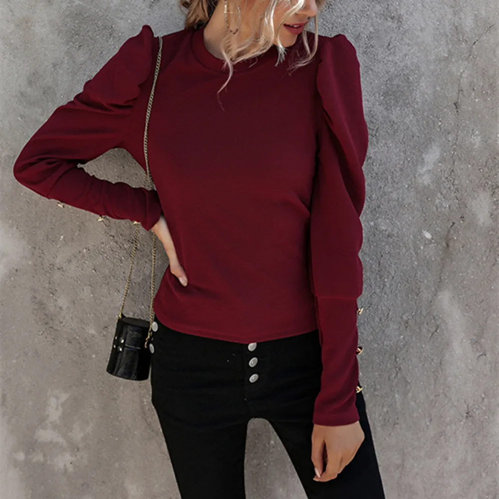 Autumn Winter Casual Slim Top And Blouse Women Solid O-Neck Long Puff Sleeve With Button Shirts Elegant Office Ladies Blouses