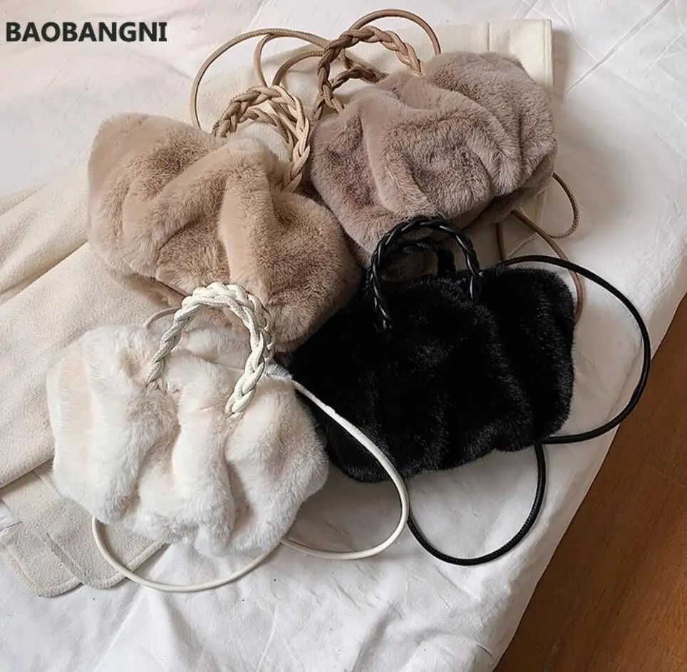 Faux Fur Totes With Woven Handle Winter New High-quality Soft Plush Women's Designer Handbag Travel Shoulder Messenger Bag