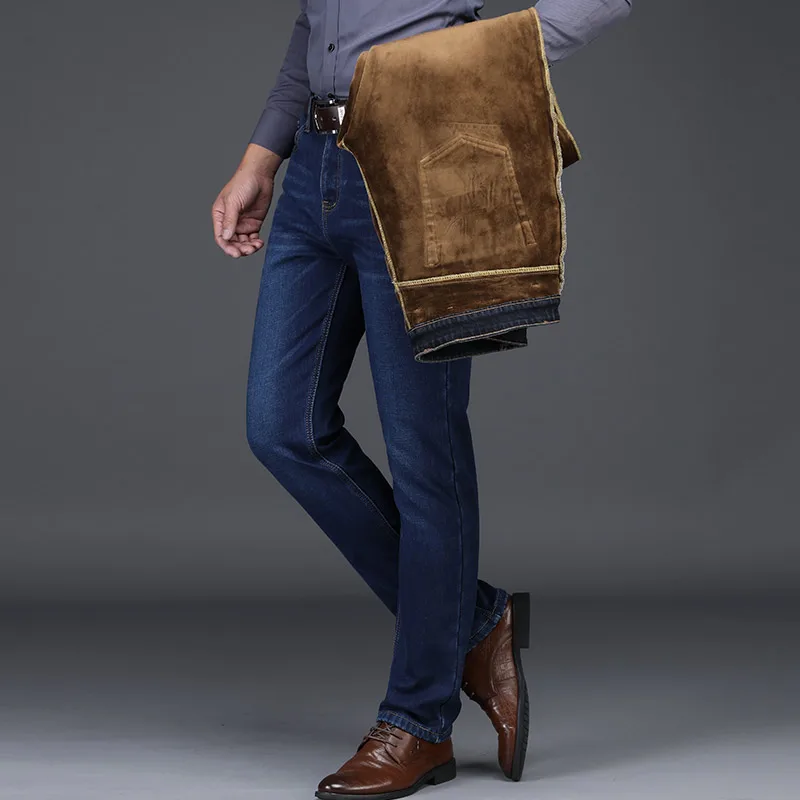DIMI Warm Denim Pants Male Brand Clothes Winter Men's Business Thickened Jeans Classic Style Fashion Casual Straight Fleece