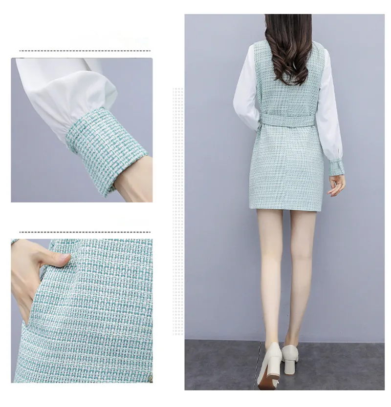 

2021 Autumn Fashion Week High Quality New 2 Piece Set Women Grace Sleeveless Belt Slim Mini Dress+Long Sleeve White Shirt Suit
